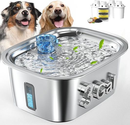 Dog Water Fountain for Large Dogs - 3 Gallon Stainless Steel Dog Water Bowl Dispenser with 4 Filters, Automatic Big Extra Large Capacity Pet Water Fountain, Easy Clean with Quiet Pump