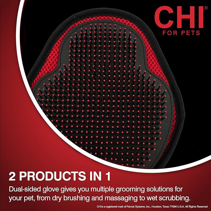 CHI for Dogs Detangling Grooming Glove - Dual-Sided Pet Glove for Wet or Dry Use - Dog Hair Remover and Deshedding Mitt for Gentle Brushing and Massaging - One Size Fits All