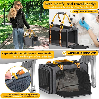 PAWZIDEA Double Pet Stroller with 2 Detachable Carriers, Portable Dog Crate for Car Travel & TSA-Approved Expandable Cat Carrier, Foldable Lightweight Jogger Stroller for 2–4 Cats or Small/Medium Dogs