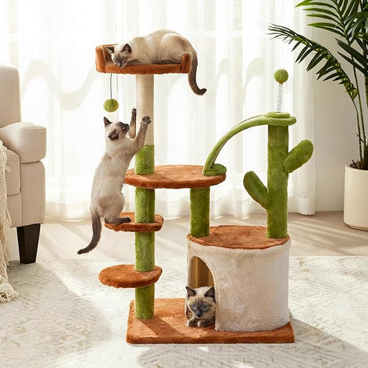 Cactus Cat Tree for Indoor Cats, Multi-Level Tower with Sisal Scratching Posts, Stable Cat Condo with Perches and Steps, 36.6", Brown