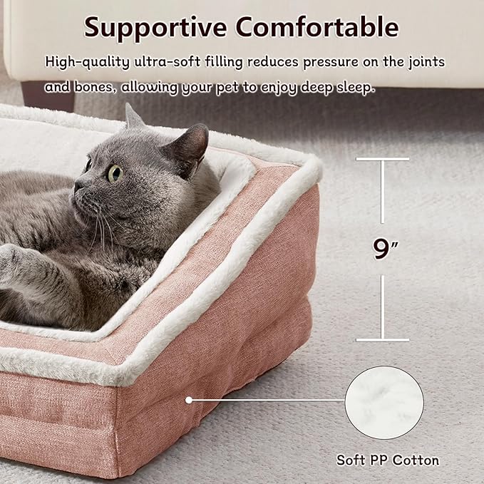 Cat Couch for Pets, Washable Cat Beds for Indoor Cats, Super Soft Plush Supportive Dog Couch Bed for Puppy and Kitten with Anti-Slip Bottom, 26inch, Pink