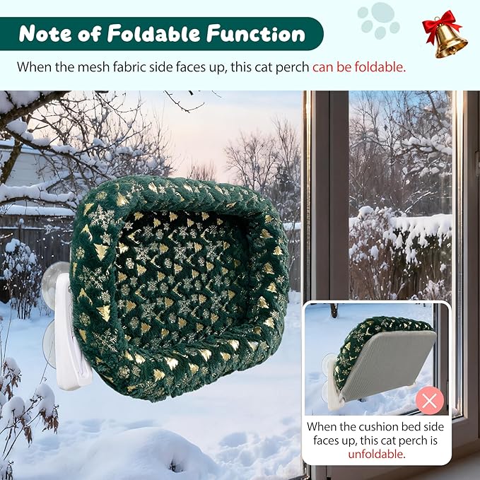 L&W BROS. 2-Pack Foldable Cat Window Perches with Christmas Cushion Bed – Easy to Assemble Cats Hammock for Window, Warm Indoor Cat Beds for Large Cats, Edition(M 2Pc)