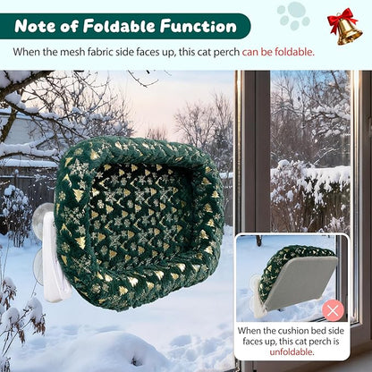 L&W BROS. 2-Pack Foldable Cat Window Perches with Christmas Cushion Bed – Easy to Assemble Cats Hammock for Window, Warm Indoor Cat Beds for Large Cats, Edition(M 2Pc)