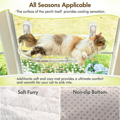 AMOSIJOY Transparent Cat Window Perch, Easy to Install & Clean Cat Hammock with 4 Enlarged Suction Cups for Large Cats, Panoramic Space Capsule Window Seat with Cozy Furry Mat