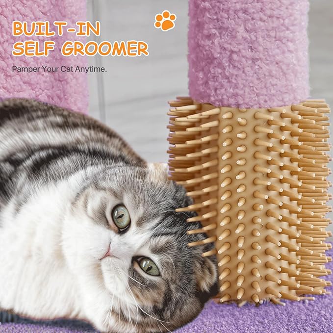 Athena Collection Small Cat Tree Condo with Sisal Scratching Post, 33 Inch Modern Cute Flower Cat Tree Tower with Cozy Perch Toy Ball for Indoor, Kittens, Purple