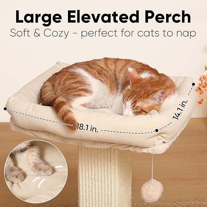 FUKUMARU Cat Scratching Post, Modern Style Tall Scratch Posts with Perch for Infoor Cats Adults, Large Cat Scratcher Tower with Bed, Small Tree with Raised Stand, Natural Sisal & Solid Wood