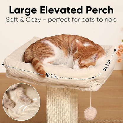 FUKUMARU Cat Scratching Post, Modern Style Tall Scratch Posts with Perch for Infoor Cats Adults, Large Cat Scratcher Tower with Bed, Small Tree with Raised Stand, Natural Sisal & Solid Wood