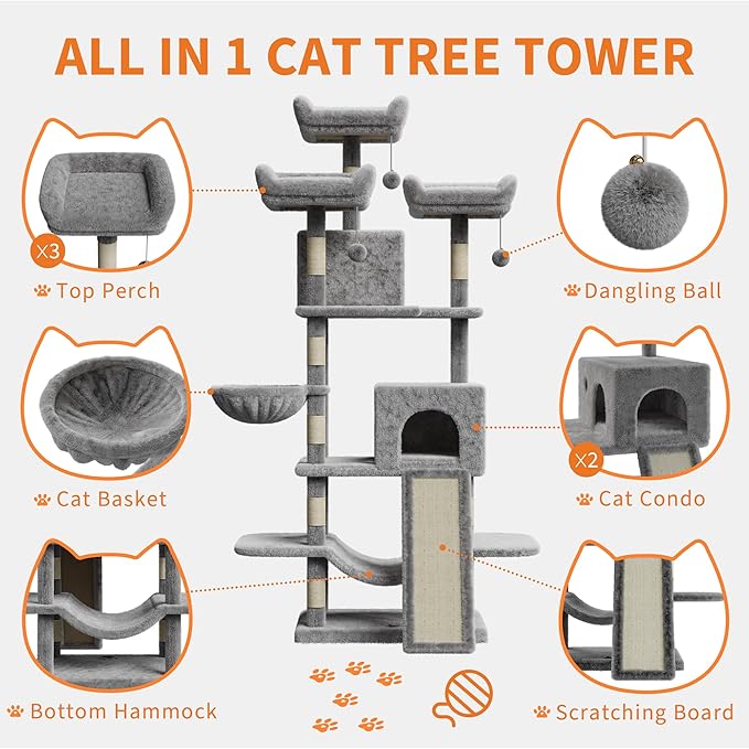68.5 Inch Tall Cat Tree Tower, Heavy Duty Multi-Level Cat Tower with Scratching Posts, Condo, Plush Perches, Hammocks, Basket & Dangling Balls, Cat Furniture for Indoor Cats