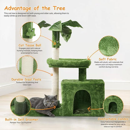 Athena Collection Small Cat Tree Tower with Scratching Post, 32 Inch Modern Cute Cat Tree Condo with Cozy Perch Haing Ball Green Leaves for Kittens Indoor Playing, Green