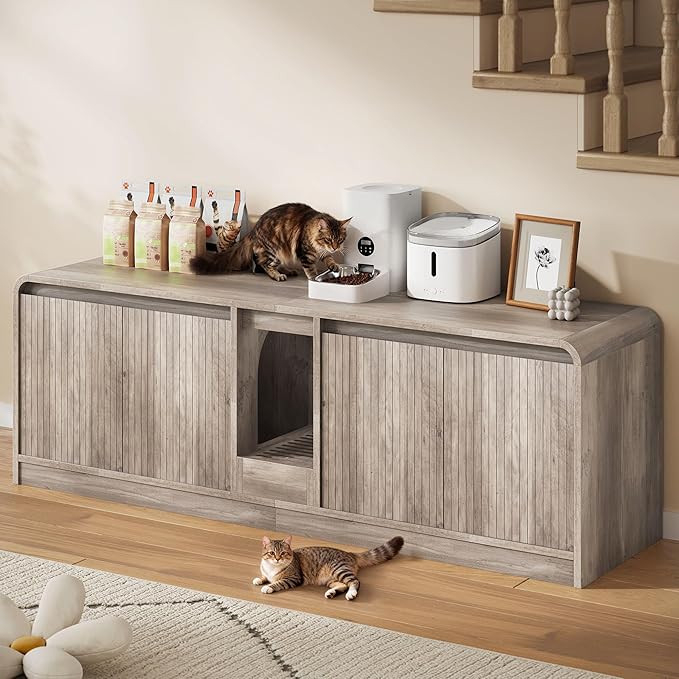 Cat Litter Box Enclosure with Litter Collector, 59'' Double Litter Box Enclosure for 2 Cats, Hidden Litter Box Furniture for Indoor Cats Large Adult, Cat House, Side Table, TV Stand, Grey