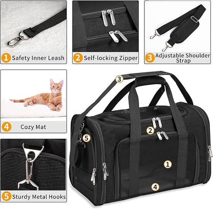 Soft-Sided Cat/Dog/Pet Carrier, Collapsible Pets Travel Carriers for Big Cats/Small Dogs with Shoulder Strap & Removable Mat, Mesh Puppy Carry Bag, Up to 25 Lbs(Black)