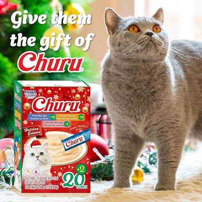 INABA Churu Cat Treats, Lickable, Squeezable Creamy Purée Cat Treat with Vitamin E, 0.5oz Each Tube, 22 Tubes, Holiday Variety Pack