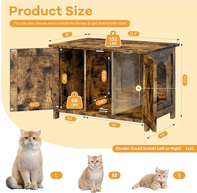 Shintenchi Cat Littler Box Enclosure, Litter Box Furniture Hidden with Removable Divider, Cat House with End Table, Brown