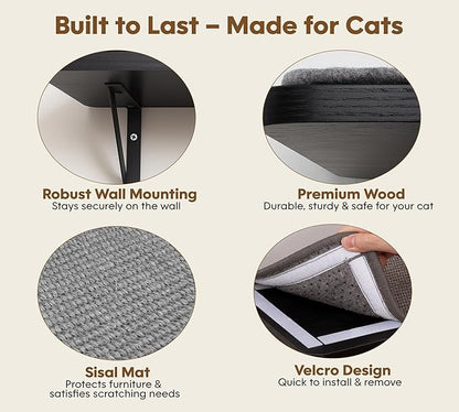 Cat Wall Shelves Set of 2, Black Solid Wood Cat Lounging Shelf with Grey Sisal Cushion, Wall-Mounted Space-Saving Climbing Shelf, Window Perch for Kittens & Cats, Black Furniture for Indoor