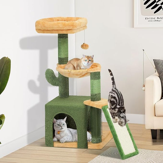 YITAHOME 37in Tall Cactus Cat Tree Tower with Self-Grooming Brush, Cute Cat Climbing Tower for Indoor Cats with Cat Condo, Plush Platform, Hammock, Sisal Scratching Posts, Dangling Ball