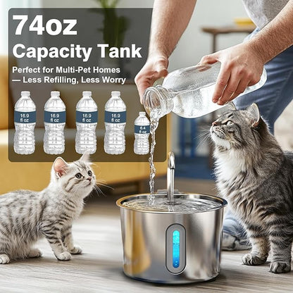 HAJXM Cat Water Fountain, 74oz/2.2L Cat Fountain for Drinking - Pet Water Fountain Stainless Steel for Cats Inside - Quiet Water Bowl Dispenser - Kitty Drinking Fountains - for Pets& Small Animals