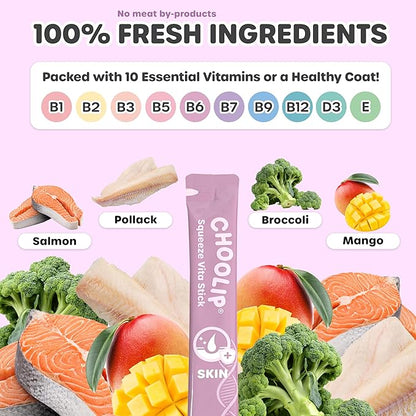 Choolip Squeeze Vita Stick Lickable Cat Treats & Dog Puree – 7-Count Skin & Coat Support Tubes, Creamy Grain-Free High-Protein Puree with Omega 3, Biotin & Vitamins for Healthy Fur & Skin
