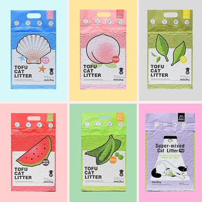 Michu Tofu Cat Litter Natural Clumping Tofu Cat Litter, Fast Clumping and Easily Scoop-able 5.5lb/88oz 5 Scents - Rainbow Combo, 6 Pack