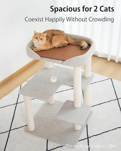 Cat Tree Tower Wooden 37.4''(95 cm), Large Cat Tree with Jump Platform & Play Ball for Indoor Cats, Ideal Cat's Climbing Frame & Playhouse (Linen Fabric Light Grey)