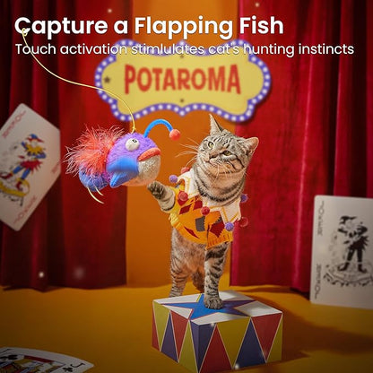 Potaroma Cat Toys Flapping Fish, Interactive Realistic Anglerfish Toy Stuffed with Catnip and Crinkle Paper Hangable Design for Bored Indoor Kittens 5.5 Inches