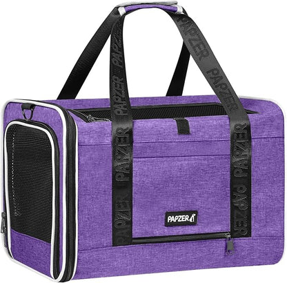 Top Open Medium Cat Carrier Roll Up Flap, Delta Approved TSA Pet Travel Crate Suitcase Luggage Sleeve, Soft-Sided Dog Kennel Bag 18"x11"x11" United, American Airline Under Plane Seat Purple