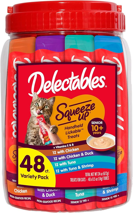 Delectables Squeeze Up Senior 10+ Variety Pack, Creamy Squeezable Puree, Lickable Wet Cat Treats, Grain Free, 0.5 Ounces Tube, 48 Tubes Total