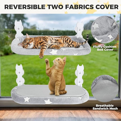 Homimp Cat Window Perch,Cordless Cat Window Hammock for Wall with 4 Strong Suction Cups,Solid Metal Frame and Two Replaceable Covers,Foldable Cats Bed for Large Cats and Kittens,Indoor Pet Seat,Grey M