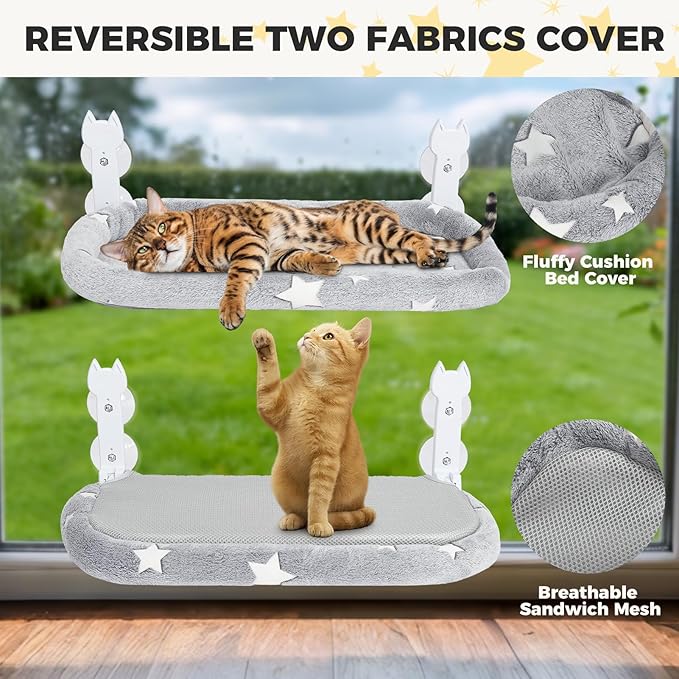 Homimp Cat Window Perch,Cordless Cat Window Hammock for Wall with 4 Strong Suction Cups,Solid Metal Frame and Two Replaceable Covers,Foldable Cats Bed for Large Cats and Kittens,Indoor Pet Seat,Grey L