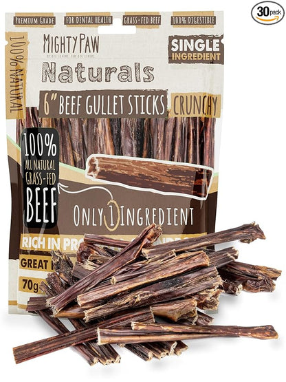 Mighty Paw - Beef Gullet Sticks for Dogs (6 Inch - 30 Pack) | Premium Beef Esophagus Treats. Gullet Sticks, Ideal for Large and Small Breeds Teething and Light Chewing. Rawhide Free, Bulk Dog Chews