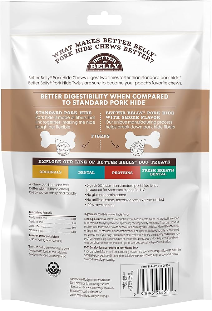 Better Belly Highly Digestible Rawhide Twist Sticks Chews, Treat Your Dog to a Chew with NO Artificial Colors or Flavors 25 Count (Pack of 2)