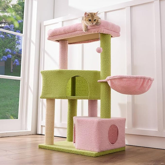 Gardner Pet 41" Tall Pink&Green Cat Tree for Medium-Large Cats, Heavy Duty Cat Tower with 2.8in Posts & Washable Top Perches, Space-Saving Cat Furniture for Apartments, Easy to Assembly
