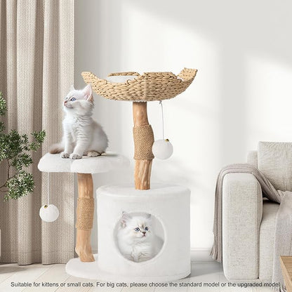 Modern Cat Tree, Wood Cat Tree Tower for Small Cats, Luxury Cat Condo with Scratching Posts and Flower Platforms, Cat Furniture by Easyego, (White)