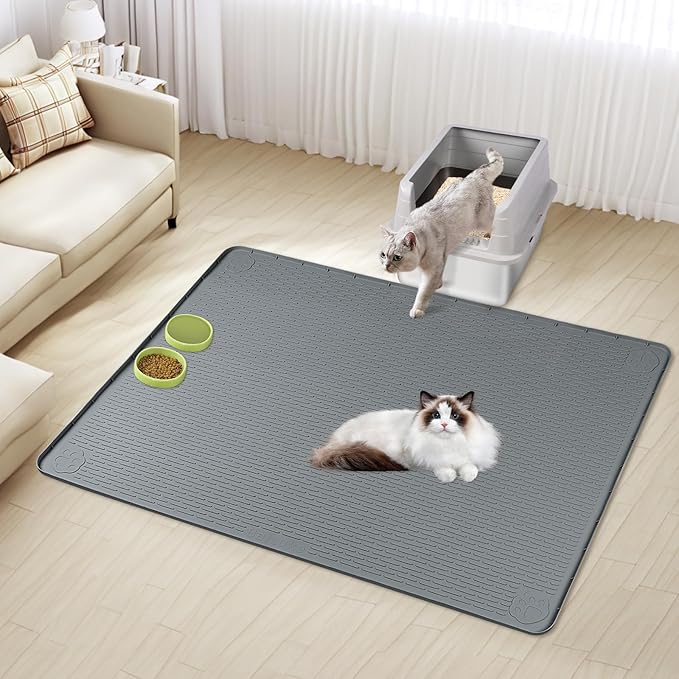 Cat Litter Mat, XXL Extra Large 50" x 35" Silicone Mat Litter Trapping Mat for Scatter Control, Soft on Kitty Paws, Easy to Clean (Dark Grey)