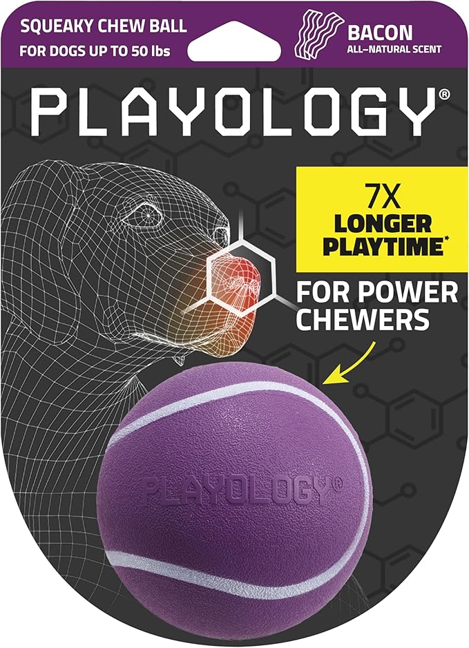 Playology Dog Toys | Squeaky Chew Ball - Bouncy Durable Floating Fetch Ball for Dogs | Medium Bacon Scented Toy - Easy to Clean and Made from Non Toxic Materials
