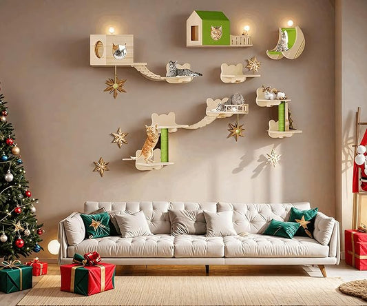 DWVO Cat Wall Shelves and Perches for Wall, Solid Wood Wall Mounted Cat Furniture, Set of 14 Cats Climbing Shelves for Large Cats with Green Wall House & Fence, Steps, Bridge Ladder, Scratching Posts