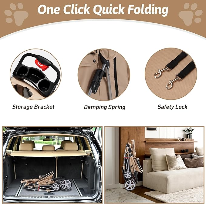 Pet Stroller, 4 Wheels Pet Strolling Cart for Medium/Small Dogs and Cats, Foldable Cat Jogger/Dog Stroller with Cup Holder, Storage Basket, Breathable Mesh, All-Season Pet Carrier, Khaki