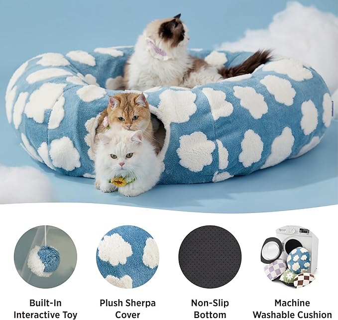 Lesure Large Cat Tunnel Bed - Cute Donut Bed for Indoor Cats with Washable Circle Cushion, Round Pet Peekaboo Cave Toy for Multi Kitten/Puppy/Rabbit, Large Cozy Clouds Blue