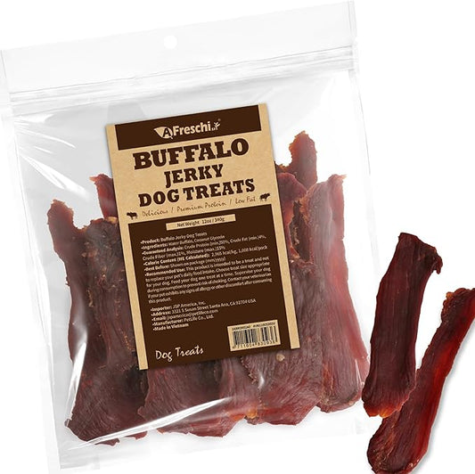 AFreschi Buffalo Dog Treats, All-Natural, Hypoallergenic, High Protein, Low Fat, Human Grade Puppy Chews – Healthy Grain-Free Training Treats, 12oz Jerky