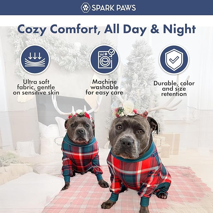 Spark Paws Dog Christmas Pajama, Dog Recovery Suit Male, Onesie, Ultra-Soft and 4-Way Stretch, for Small Medium and Large Breeds - Green and Red Plaid - 4XL