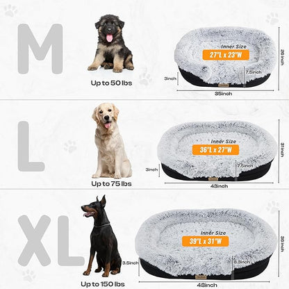 Fluffy Orthopedic Dog Bed for Large & Extra Large Dogs, Calming Plush Sofa Bed with Curved Bolster Support and Egg-Crate Foam Base, 43" Cozy Oval Pet Donut Bed with Washable Cover, Gray
