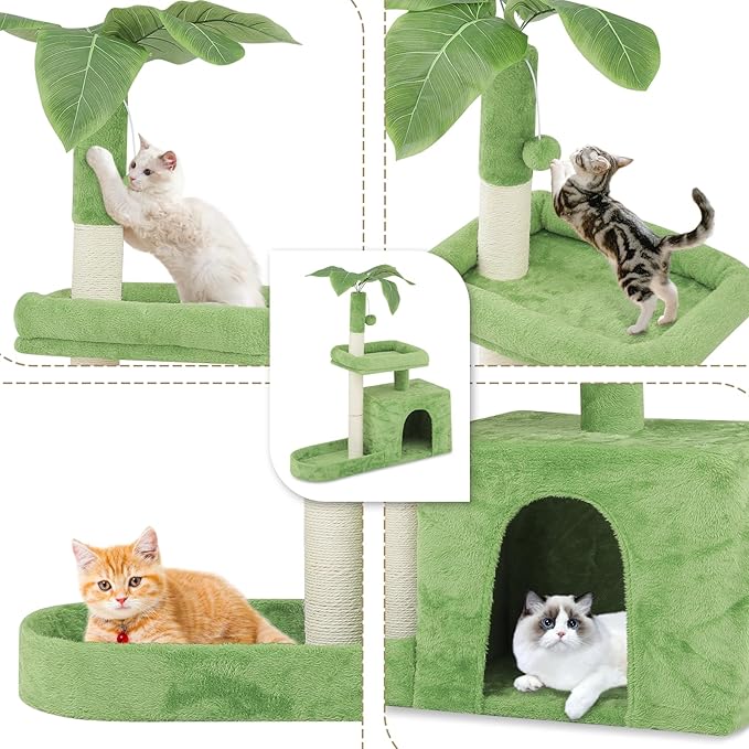 Athena Collection Small Cat Tree Tower with Scratching Post, 32 Inch Modern Cute Cat Tree Condo with Cozy Perch Haing Ball Green Leaves for Kittens Indoor Playing, Light Green