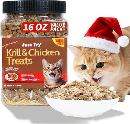 Just Try 16 OZ Krill & Chicken Cat Treats - Freeze-Dried Shrimp Snacks with Omega-3, Crunchy Cat Treats for Skin & Coat Health, Dental Care & Training Treats