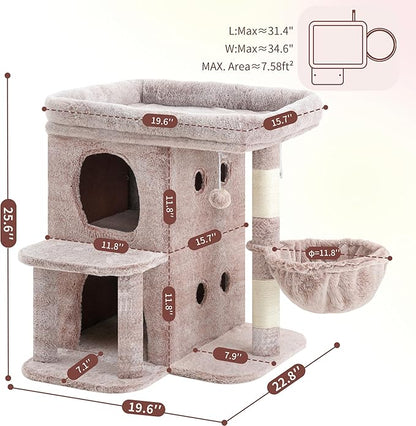 Heybly Cat Tree, 25.6-inch Cat Tower with Spacious Top Perch for Large Cats, Stair-Style Cat House Furniture with Dual-Layer Condos, Sisal Scratching Posts, Cozy Basket & Pompom, Muchroom HCT204SMU