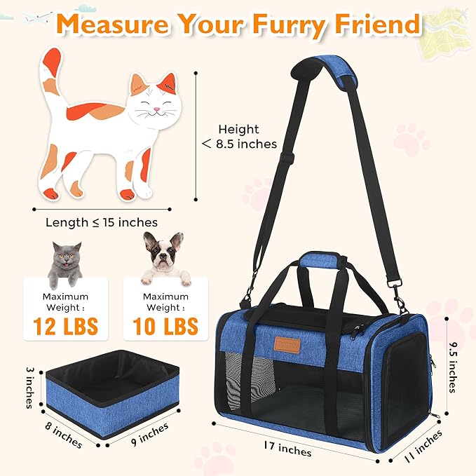 PETUX Airline Approved Cat Carrier or Small Cat up to 12 lb - 17x11x9.5 in Underseat, Top & Side Entry Pet Carrier with Breathable Anti-Scratch Mesh & Litter Box for Travel and Vet Visit - Blue