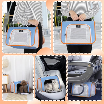 A4Pet Pet Carrier Airline Approved, Suitable for Cats, Puppies Under 18 lbs, Easy On The Go, Easy to Stow, Soft-Sided Pet Travel Carrier, 17" L x 11" W x 11" H, Blue & Orange