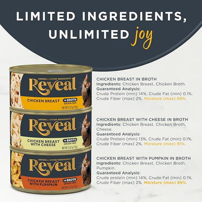 Reveal Natural Wet Cat Food, 12 Count, Grain Free, Limited Ingredient Canned Food for Cats, Chicken Variety in Broth, 2.47 oz Cans