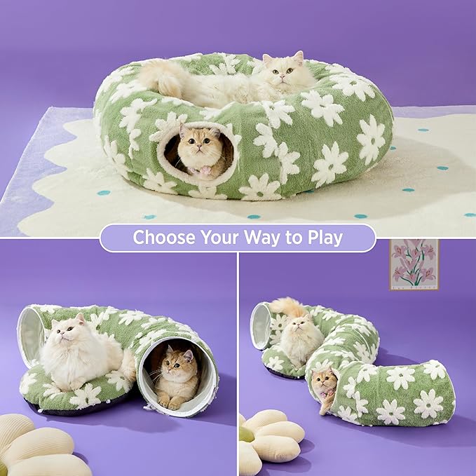 Lesure Cat Tunnel Bed for Indoor Cats - Cute Cat Donut Tunnel Toys for Small Large Cats with Washable Circle Cushion, Round Pet Peekaboo Cave Toy for Kitten/Puppy/Rabbit, Standard Flower Garden Green