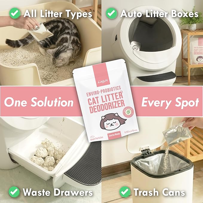 Lady N Fresh Woody Scent Cat Litter Deodorizer, Litter Box Odor Control Powder, Cation Odor Control with Probiotics, 15 Packets