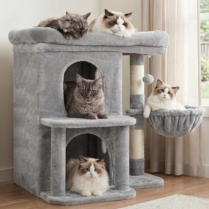 Heybly Cat Tree, 25.6-inch Cat Tower with Spacious Top Perch for Large Cats, Stair-Style Cat House Furniture with Dual-Layer Condos, Sisal Scratching Posts, Cozy Basket & Pompom, Light Gray HCT204SW