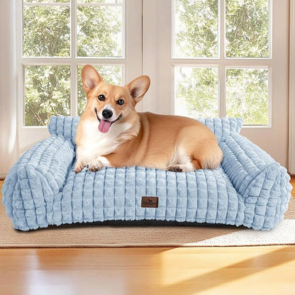 Cute Small & Medium Dog Couch Bed – Supportive & Fluffy Pet Sofa with Faux Rabbit Fur Washable Cover in 3D Diamond Pattern, 36" Light Blue